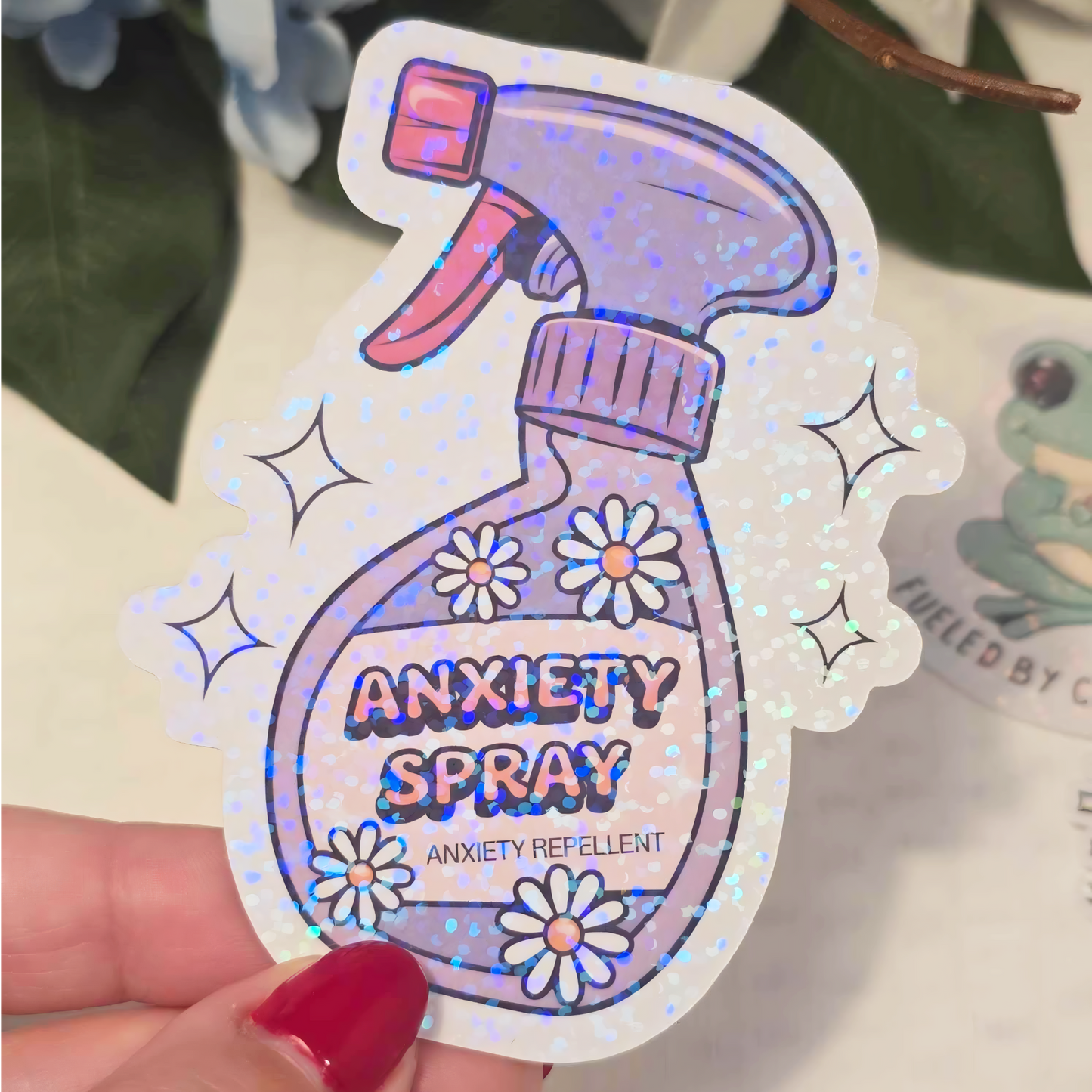 ✨ Autocollant holographique « Spray anti-anxiété » – Autocollant en vinyle coloré pour la sensibilisation à la santé mentale