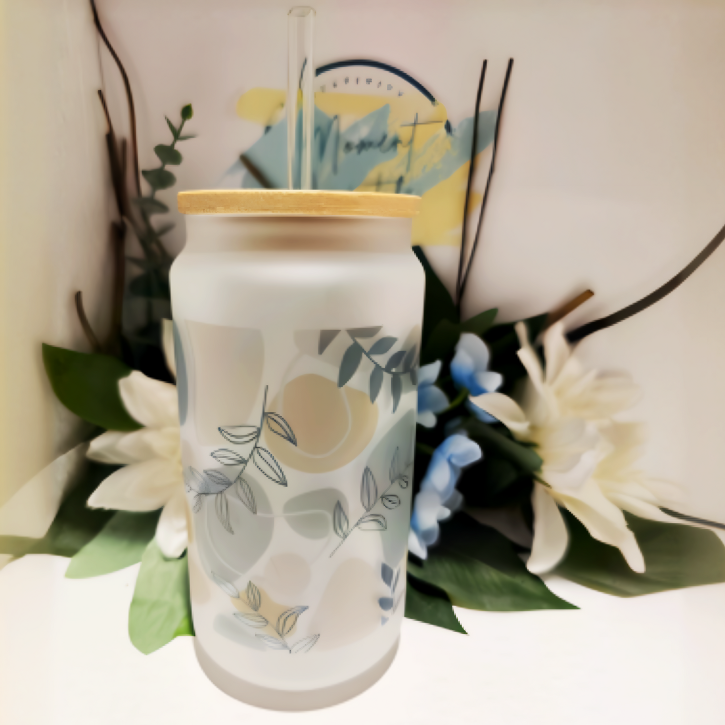 🍃✨ 16oz Frosted Glass Can – Boho Leaves Full Wrap Design with Glass Straw