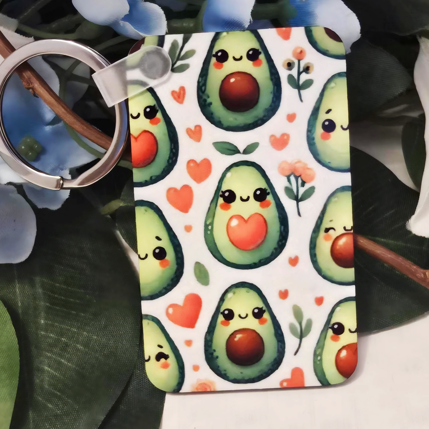 🥑 Cute Avocado & Hearts Keychain – Sublimated Rectangle Keychain with Clip & Metal Ring