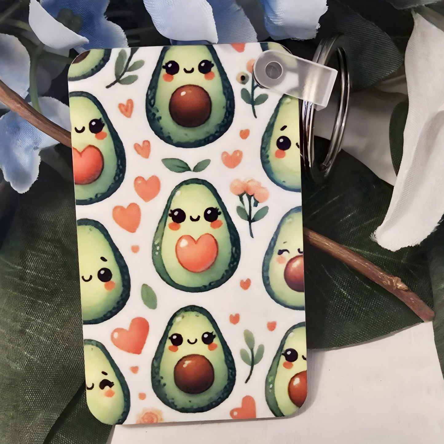 🥑 Cute Avocado & Hearts Keychain – Sublimated Rectangle Keychain with Clip & Metal Ring