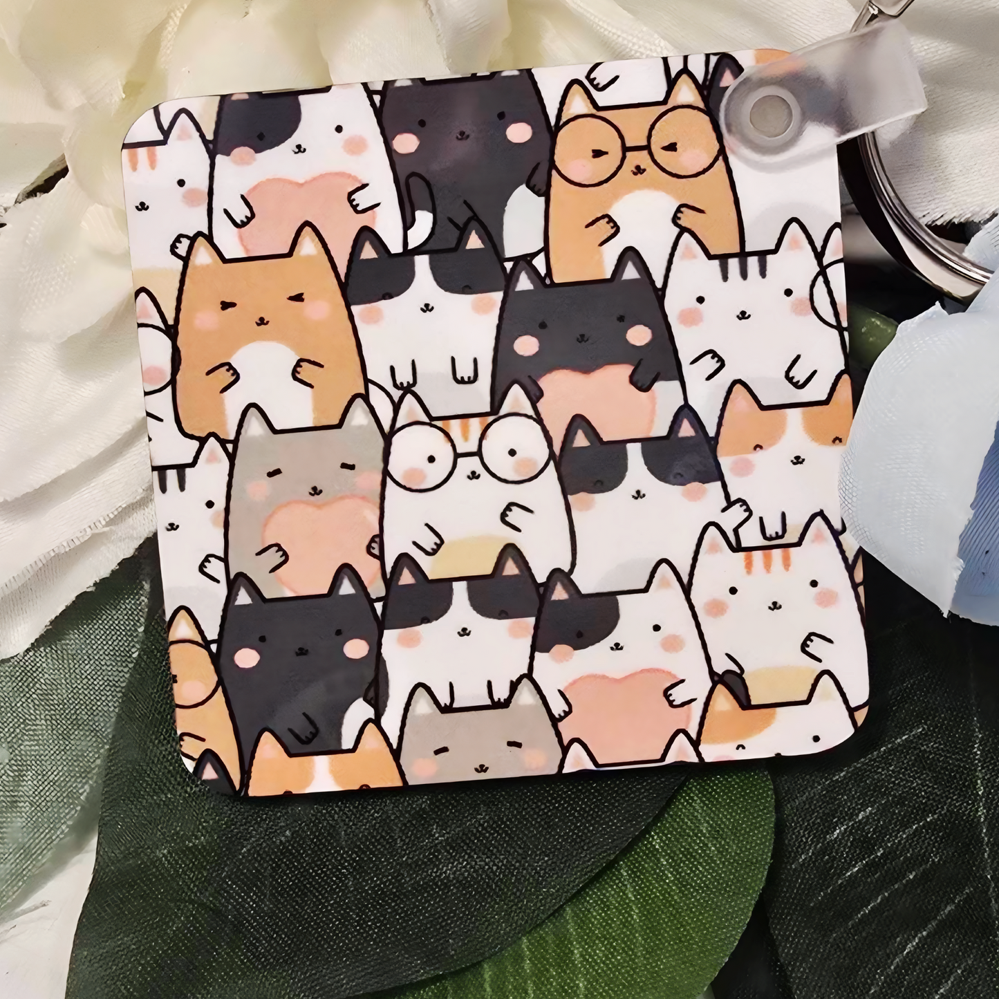 🐱 Cute Kawaii Cats Keychain – Sublimated Square Keychain with Clip & Metal Ring