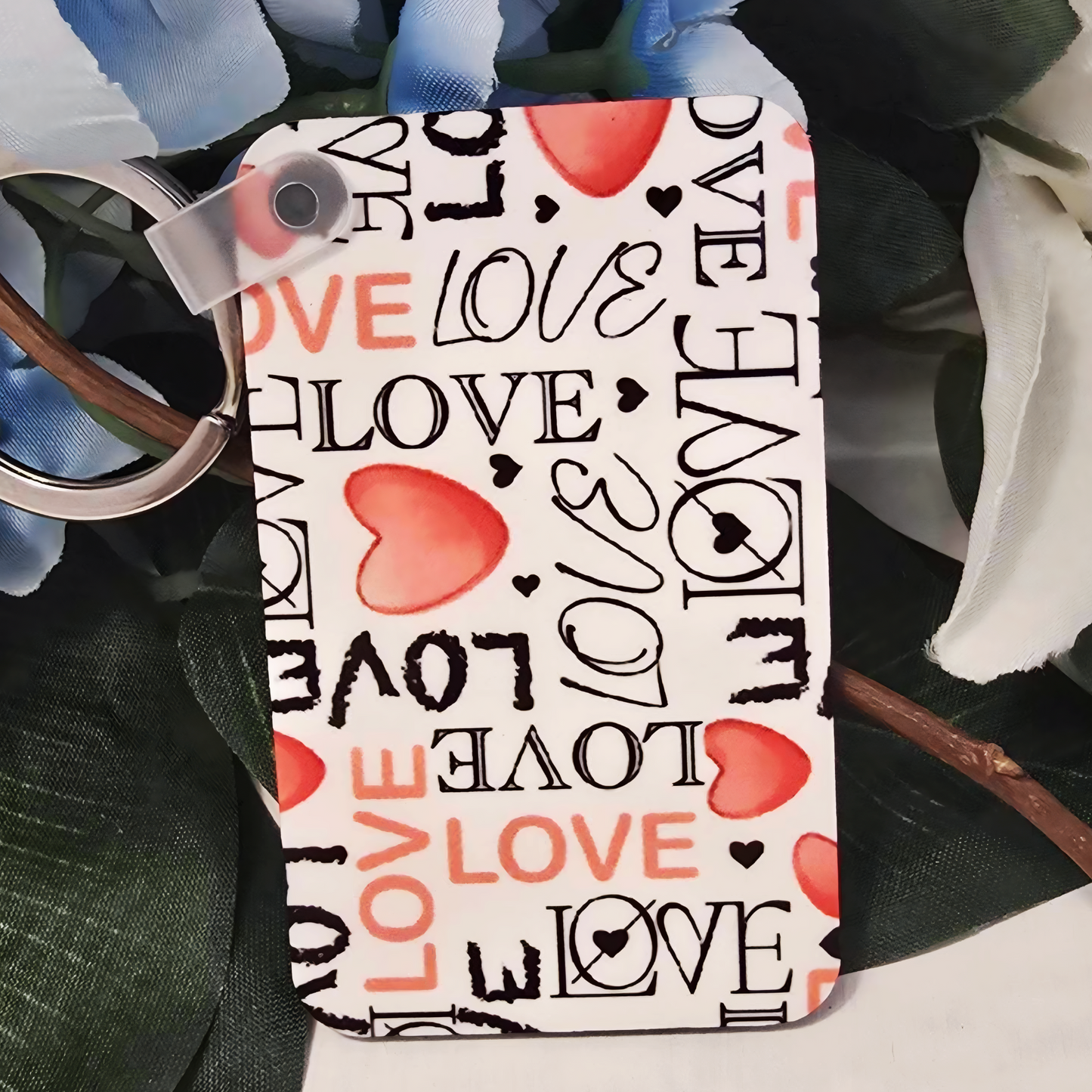 ❤️ Porte-clés Love & Hearts – Porte-clés rectangulaire sublimé avec clip et anneau en métal