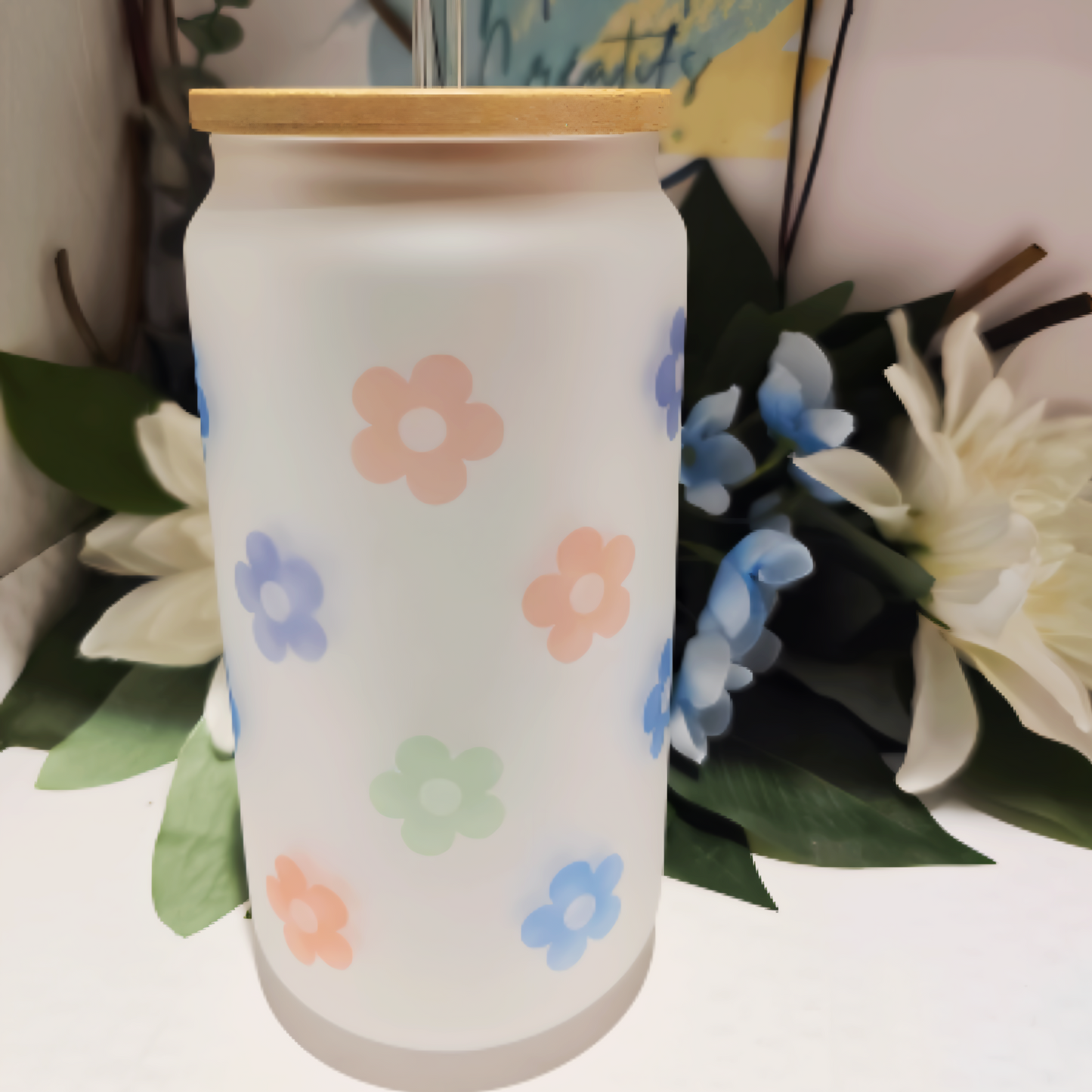🌸✨ 16oz Frosted Glass Can – Retro Colorful Flowers Full Wrap Design with Glass Straw
