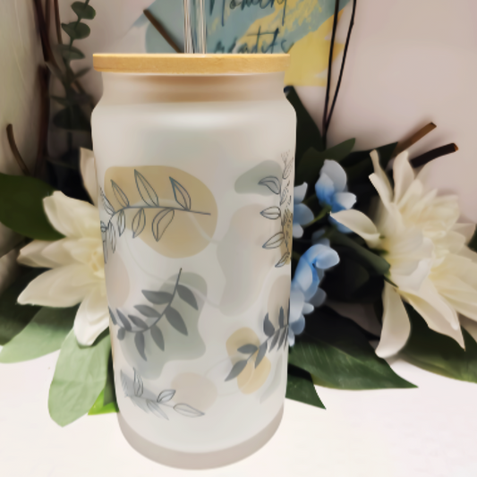 🍃✨ 16oz Frosted Glass Can – Boho Leaves Full Wrap Design with Glass Straw
