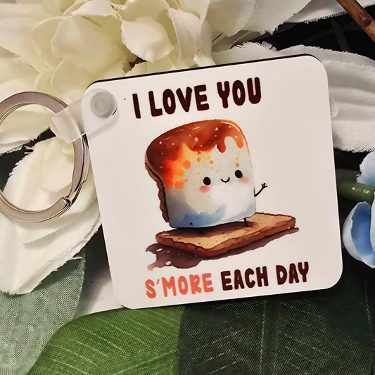 🍫🔥 "I Love You S'more" Keychain – Cute Sublimated Square Keychain with Clip & Metal Ring