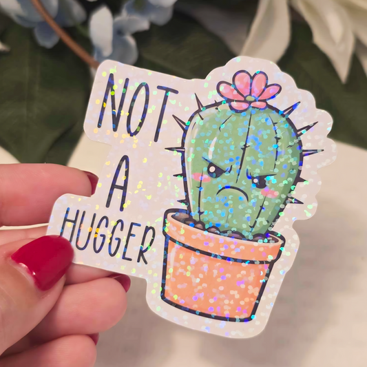 🌵✨ "Not a Hugger" Holographic Sticker – Funny Cactus-Themed Vinyl Sticker
