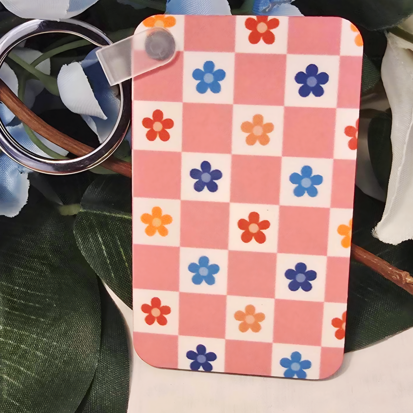 🌸 Porte-clés rétro à carreaux – Porte-clés rectangulaire sublimé avec clip et anneau en métal