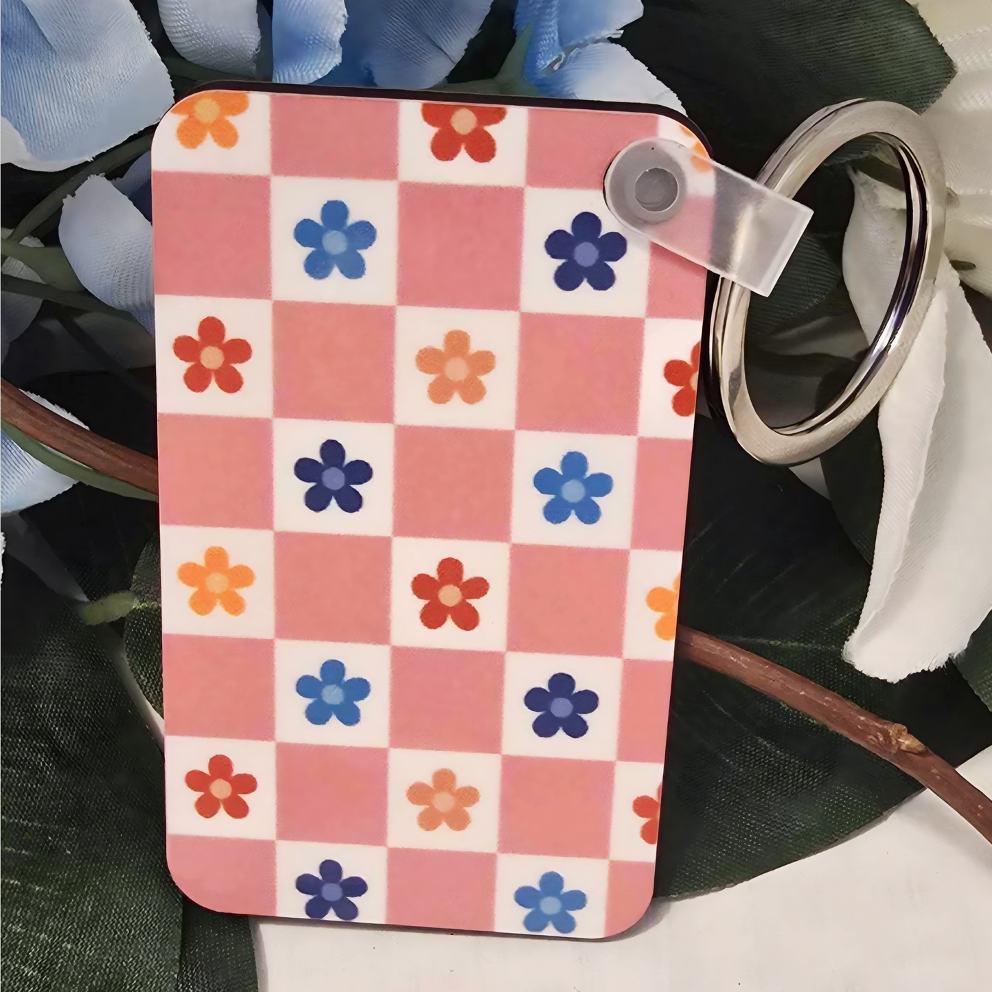 🌸 Porte-clés rétro à carreaux – Porte-clés rectangulaire sublimé avec clip et anneau en métal