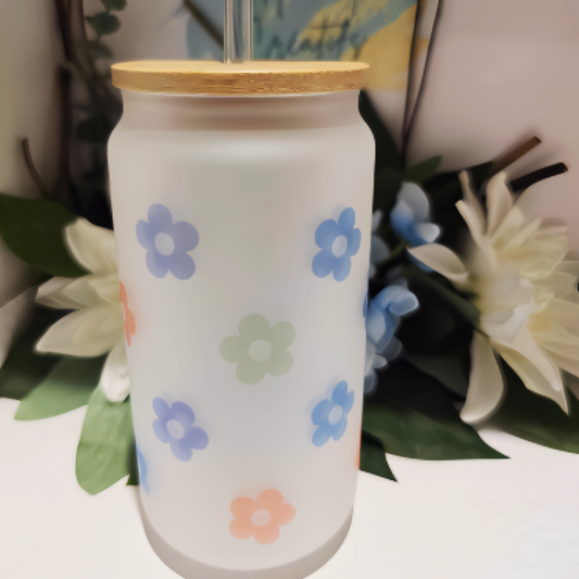 🌸✨ 16oz Frosted Glass Can – Retro Colorful Flowers Full Wrap Design with Glass Straw